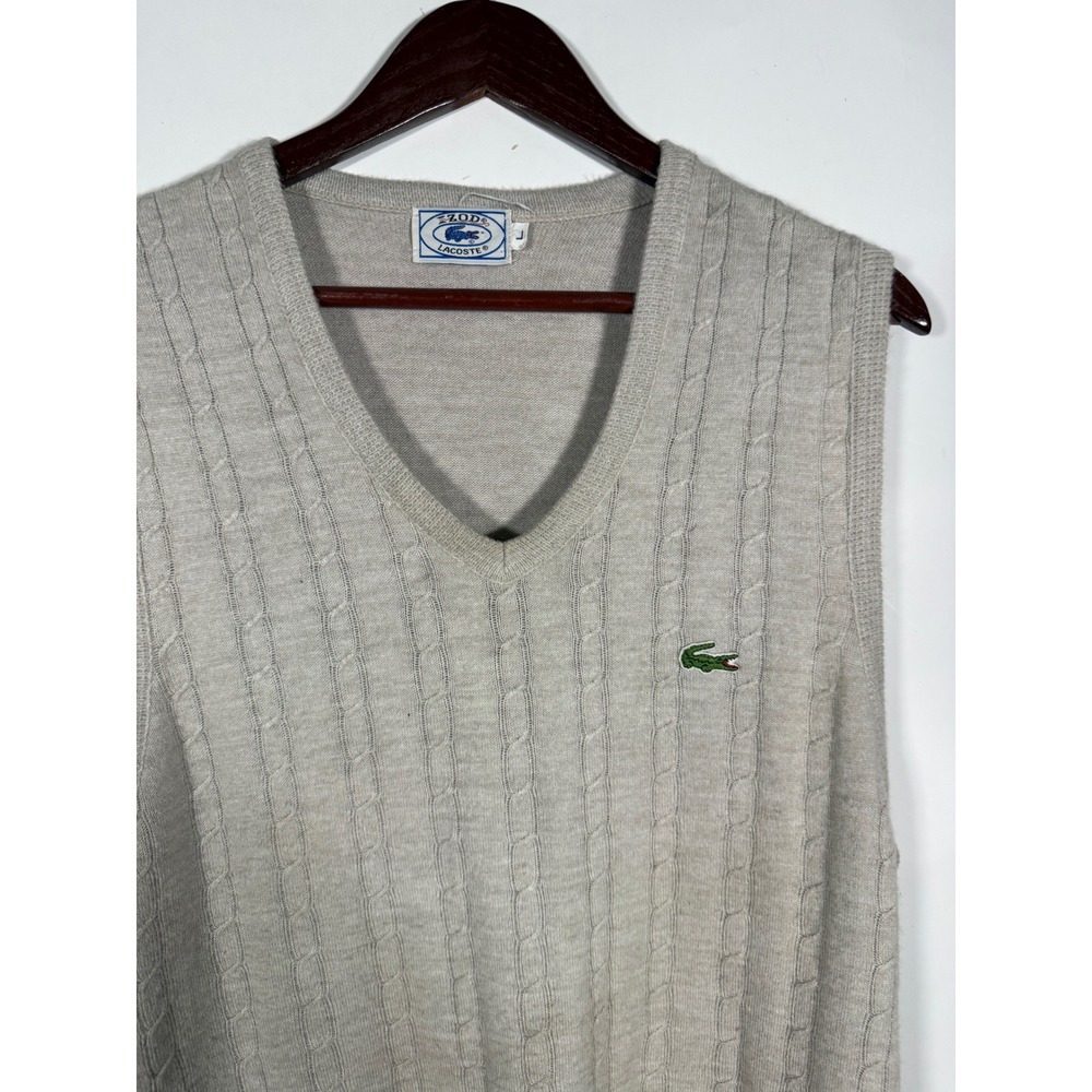 Vintage Izod Lacoste Mens Cable Knit Sweater Vest Beige V-Neck Large